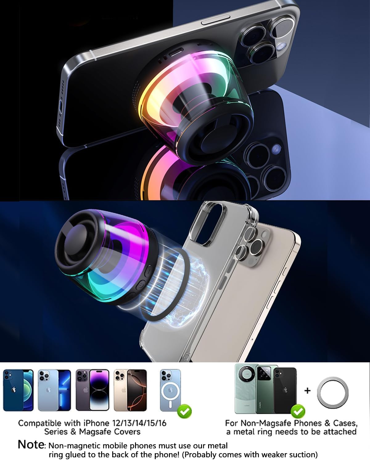Magnetic Bluetooth Speaker with Light Show - Portable Wireless Speaker for MagSafe-Compatible Devices, Compatible with iPhone 12/13/14/15/16 Series, Samsung, and Google (Black)