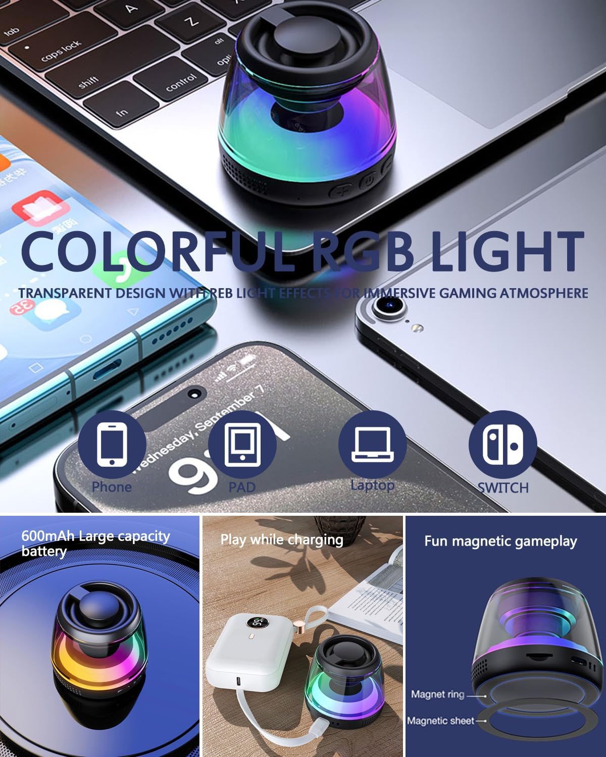 Magnetic Bluetooth Speaker with Light Show - Portable Wireless Speaker for MagSafe-Compatible Devices, Compatible with iPhone 12/13/14/15/16 Series, Samsung, and Google (Black)