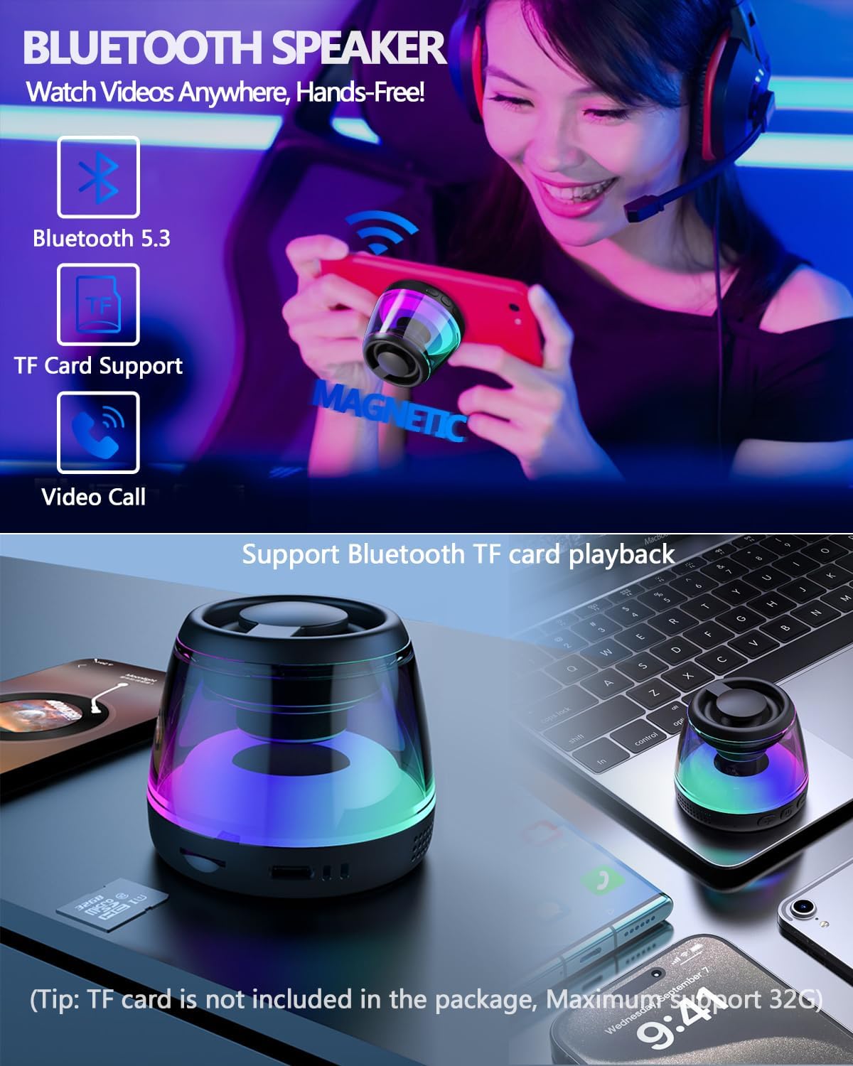 Magnetic Bluetooth Speaker with Light Show - Portable Wireless Speaker for MagSafe-Compatible Devices, Compatible with iPhone 12/13/14/15/16 Series, Samsung, and Google (Black)