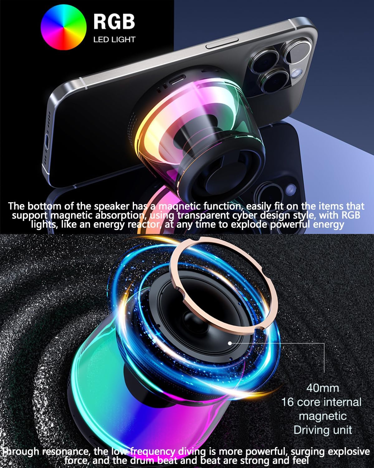 Magnetic Bluetooth Speaker with Light Show - Portable Wireless Speaker for MagSafe-Compatible Devices, Compatible with iPhone 12/13/14/15/16 Series, Samsung, and Google (Black)