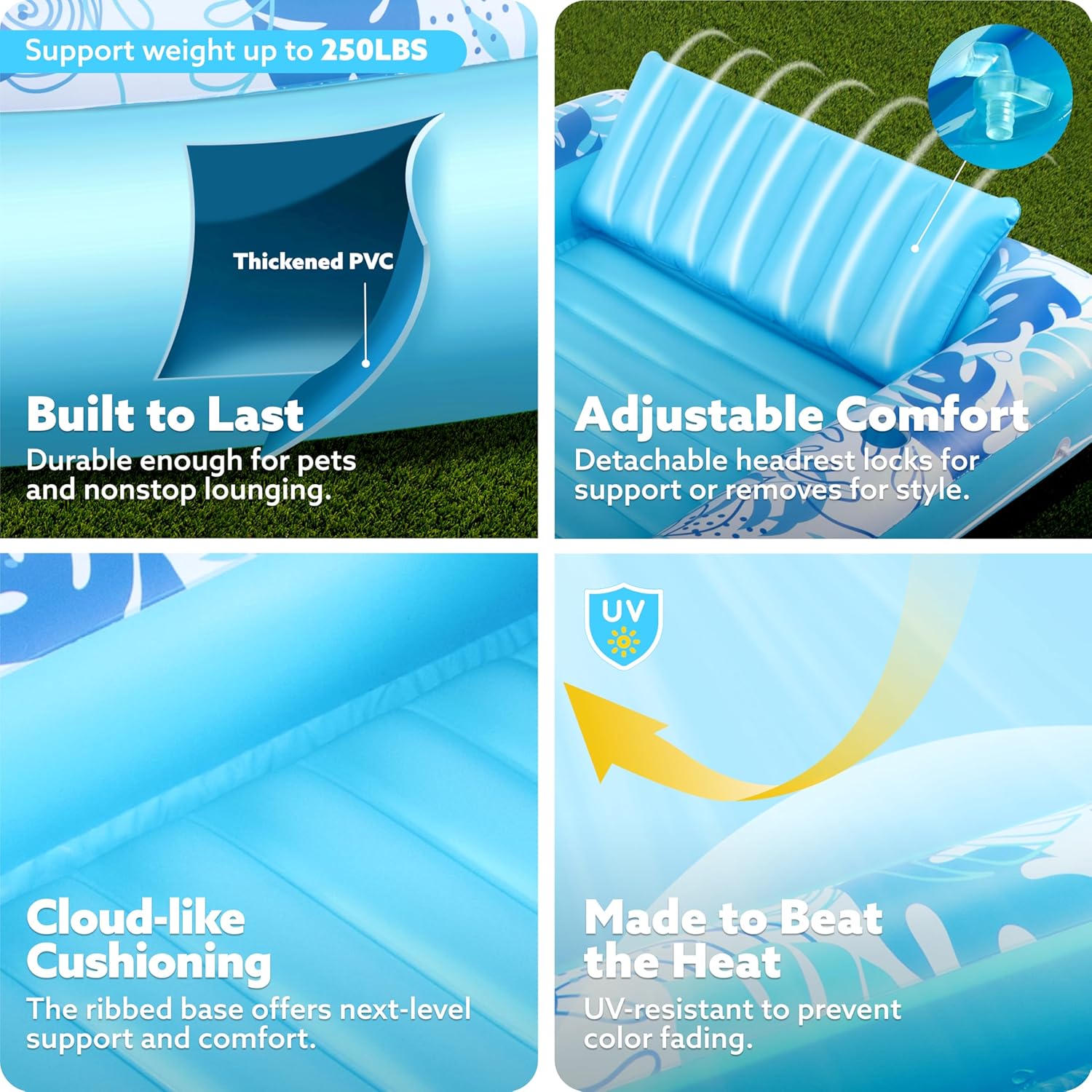 Ultimate Inflatable Tanning Pool Lounger Float - 70" x 46" Adult Raft with Pillow for Sunbathing & Fun! Perfect for Kids' Ball Pit Parties - L-Blue